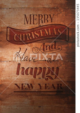 Festive wooden sign is appearing in flat design on rustic panel, with carved ribbon banner greeting Festive wooden sign is appearing in flat design on rustic panel, with carved ribbon banner greeting 135073445