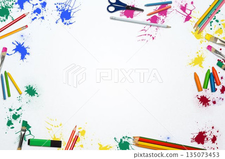 Blank white sheet is resting in flat design with paint splatters and art tools, copy space Blank white sheet is resting in flat design with paint splatters and art tools, copy space 135073453