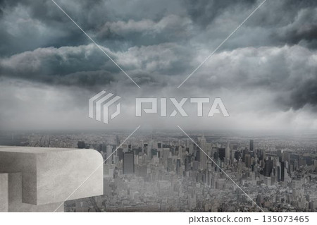 Concrete observation ledge is jutting from rooftop overlooking stormy skyline in flat illustration Concrete observation ledge is jutting from rooftop overlooking stormy skyline in flat illustration 135073465