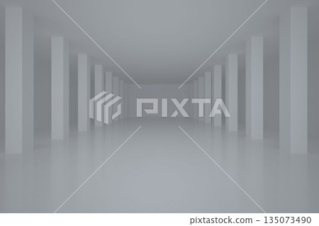 3D render is showing empty hall with parallel square columns reflecting on smooth gray floor 3D render is showing empty hall with parallel square columns reflecting on smooth gray floor 135073490