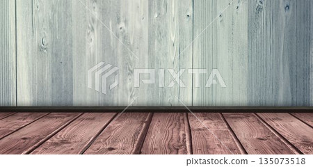 Wooden shelf on gray wall 135073518