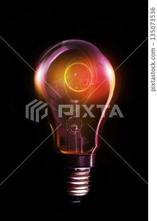 Incandescent light bulb glowing in flat design with transparent glass envelope and visible filament 135073536