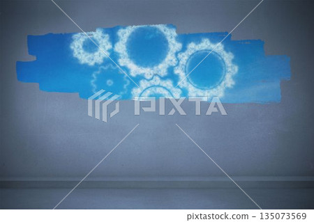 Display on wall showing cloudy cogs and wheels Display on wall showing cloudy cogs and wheels 135073569