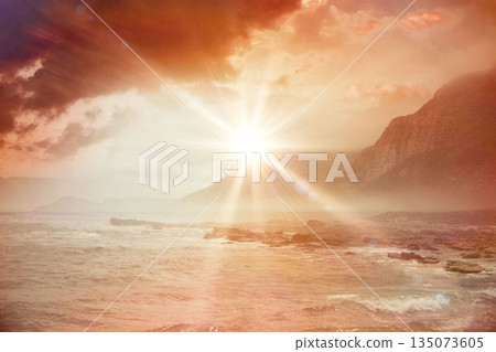 Digital composite of Sunrise over magical sea Digital composite of Sunrise over magical sea 135073605