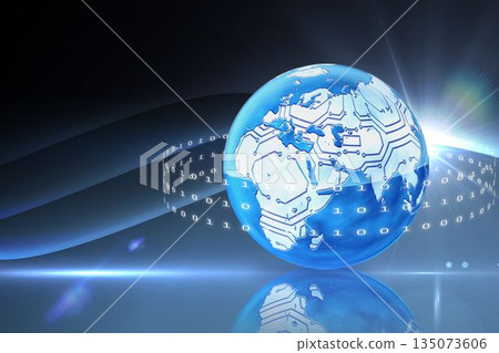 3D render globe with circuitry is glowing above shiny base emitting binary ribbon and light streaks 3D render globe with circuitry is glowing above shiny base emitting binary ribbon and light streaks 135073606