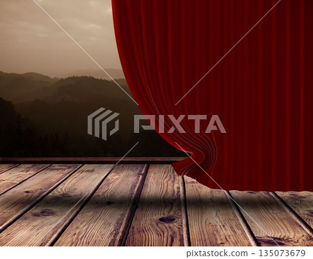 Flat design scene is revealing misty forested mountains beyond drawn red curtain on wooden floor 135073679