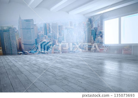 Empty loft is showcasing wide plank wooden floor, exposed beams and glass wall with skyline view Empty loft is showcasing wide plank wooden floor, exposed beams and glass wall with skyline view 135073693