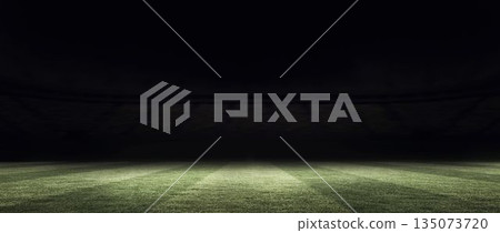 Grassy playing field is glowing under floodlights in flat design stadium with empty seating stands Grassy playing field is glowing under floodlights in flat design stadium with empty seating stands 135073720