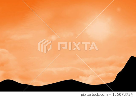 Flat design is showing rolling hills silhouette over vibrant orange sky with glowing sun glare Flat design is showing rolling hills silhouette over vibrant orange sky with glowing sun glare 135073734