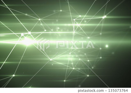 Cluster of glowing nodes and lines is floating in deep green digital grid, highlighting light beams 135073764