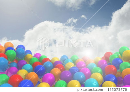 Colorful helium balloons are floating in flat design sunlit sky with white clouds Colorful helium balloons are floating in flat design sunlit sky with white clouds 135073776