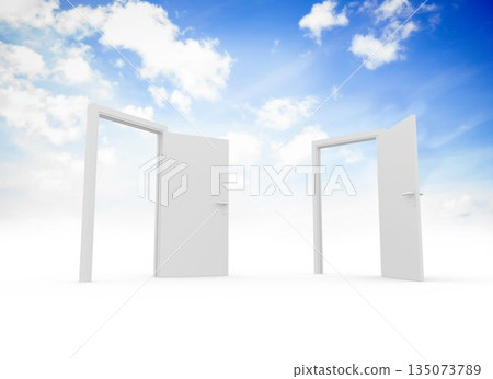 Two white open doors are standing on seamless white plane under bright blue sky, minimalist style Two white open doors are standing on seamless white plane under bright blue sky, minimalist style 135073789