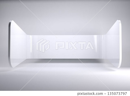 Showing flat minimal design featuring translucent slab bench on curved end supports in white room 135073797