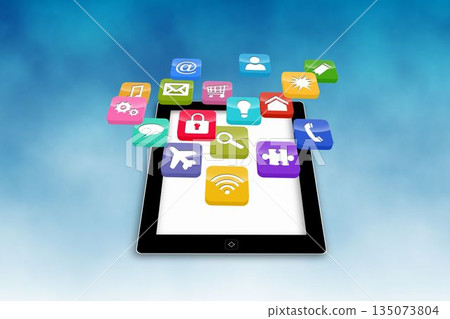 Digital tablet is lying flat in 3D render on gradient backdrop, showing floating application icons 135073804
