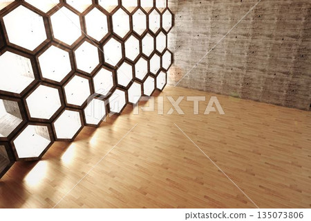 Empty room made of wood with hexagons and light spots Empty room made of wood with hexagons and light spots 135073806
