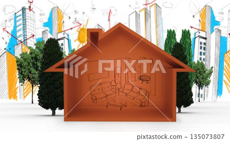 Brown house against urban skyline Brown house against urban skyline 135073807
