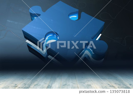 Glossy blue 3D render puzzle piece is floating above light wooden floor with dark wall outlines 135073818