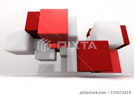Red and white 3D cube cluster is floating in white studio with reflective floor, copy space Red and white 3D cube cluster is floating in white studio with reflective floor, copy space 135073819