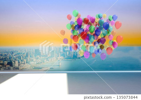 Many colourful balloons in room with city scene Many colourful balloons in room with city scene 135073844