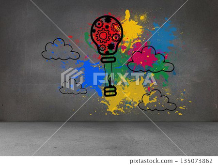 Hot air balloon on splashes on grey wall Hot air balloon on splashes on grey wall 135073862