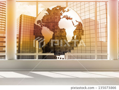 Orange earth floating in office building Orange earth floating in office building 135073866