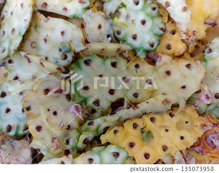 Tropical Pineapple Fruit Skin Waste Texture Close Up for Organic Fertilizer and Compost Material Tropical Pineapple Fruit Skin Waste Texture Close Up for Organic Fertilizer and Compost Material 135073958