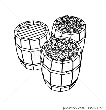 Outline for Coloring of Two Wooden Old Vintage filled by Gems and One Closed Barrel. Vector Illustration. 135074158