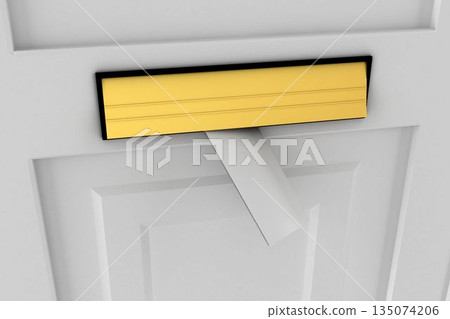 Flat design door is showcasing mail slot with gold flap lifting open and white envelope protruding Flat design door is showcasing mail slot with gold flap lifting open and white envelope protruding 135074206