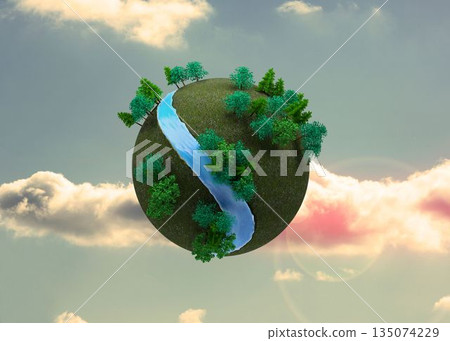 Futuristic earth floating in sky 135074229