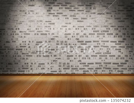 Painted white brick wall is being shown in flat design gallery with spotlights and wood floor Painted white brick wall is being shown in flat design gallery with spotlights and wood floor 135074232