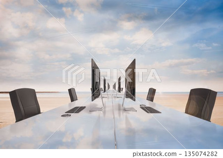 Flat design workspace is unfolding on beach with white table, monitors, keyboards, mice, chairs 135074282