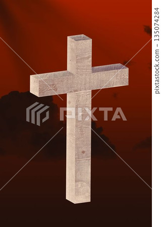 Rough wooden cross is floating in flat design against red gradient sky with dark cloud silhouettes 135074284
