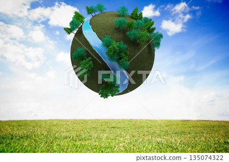 Futuristic earth floating in sky Futuristic earth floating in sky 135074322
