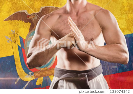 Midsection of shirtless martial artist against Flag of Ecuador Midsection of shirtless martial artist against Flag of Ecuador 135074342