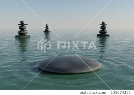 Flat design illustration showing floating flat black stone on calm water with three balanced cairns Flat design illustration showing floating flat black stone on calm water with three balanced cairns 135074395
