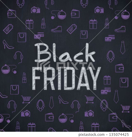 Chalkboard-style graphic showing Black Friday chalk lettering with repeating purple shopping icons Chalkboard-style graphic showing Black Friday chalk lettering with repeating purple shopping icons 135074425