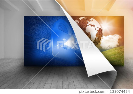 Blue picture of lock over picture of earth 135074454