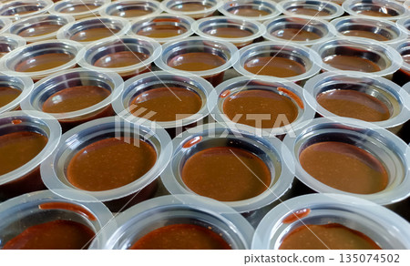 Perspective View Of Fresh Chocolate Agar Agar Jelly Cups Traditional Indonesian Sweet Perspective View Of Fresh Chocolate Agar Agar Jelly Cups Traditional Indonesian Sweet 135074502