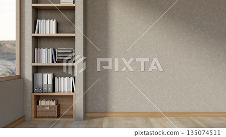 Build in bookshelf in gray cement loft wall aside window and wooden parquet floor in a modern room. Build in bookshelf in gray cement loft wall aside window and wooden parquet floor in a modern room. 135074511