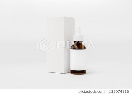 Blank label skincare liquid serum in amber glass dropper bottle and package box on white background. 135074516