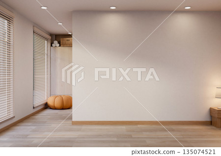 White wall and wooden parquet floor corridor hallway to corner with wardrobe and pumpkin stool sofa. White wall and wooden parquet floor corridor hallway to corner with wardrobe and pumpkin stool sofa. 135074521