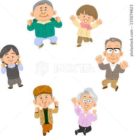 Six senior men and women jumping in a circle Six senior men and women jumping in a circle 135074623