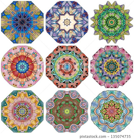 Set of colorful cute Mandalas. Decorative unusual round ornaments. 135074735