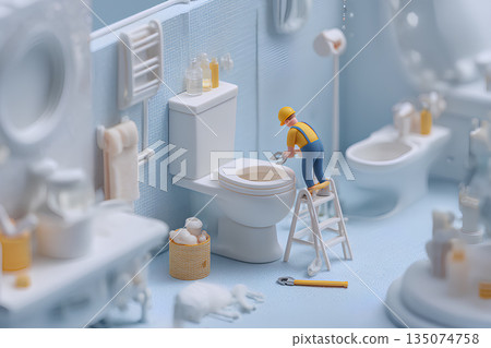 水管工在廁所工作的微縮模型材料(3D) 水管工在廁所工作的微縮模型材料(3D) 135074758