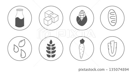 Set allergen free ingredients. Gluten free products warning symbols. Lactose, gluten, sugar, corn, egg, trans fat, soy, nut icon, dietary food badge. Minimal line organic design. Sign or stamp. Set allergen free ingredients. Gluten free products warning symbols. Lactose, gluten, sugar, corn, egg, trans fat, soy, nut icon, dietary food badge. Minimal line organic design. Sign or stamp. 135074894