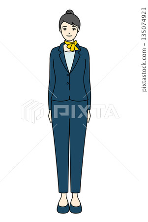 Full-body illustration of a woman wearing a navy blue pantsuit and a yellow scarf Full-body illustration of a woman wearing a navy blue pantsuit and a yellow scarf 135074921