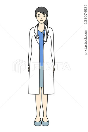 A full-body illustration of a smiling female doctor wearing a white coat and a stethoscope around her neck 135074923