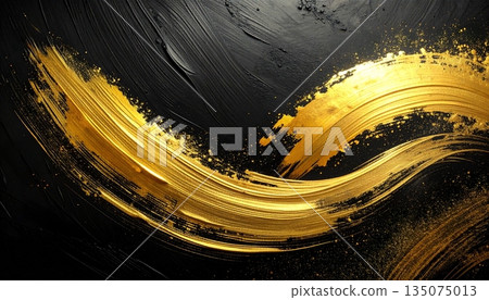 黑色背景上的金色筆觸抽象背景。奢華的金色紋理素材。 135075013
