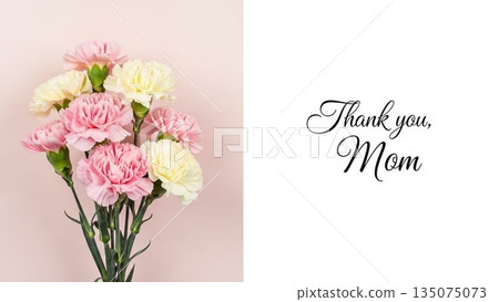 母親節圖片，粉紅色背景的紅色康乃馨和絲帶 135075073