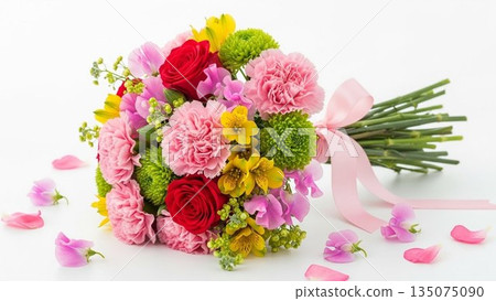 Mother's Day image of red carnations and ribbons on a pink background Mother's Day image of red carnations and ribbons on a pink background 135075090